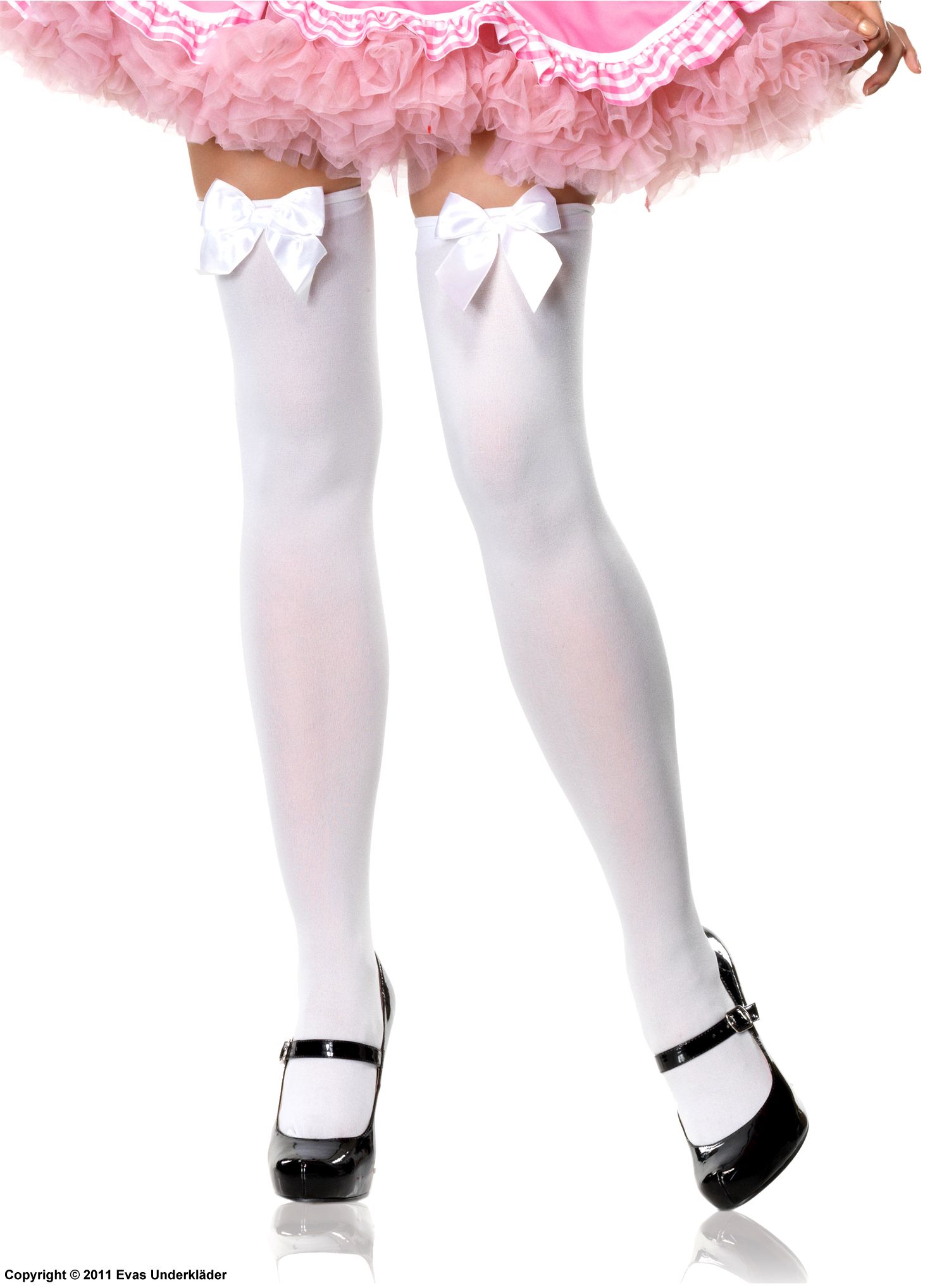 Thigh high stay-ups, opaque fabric, big bow